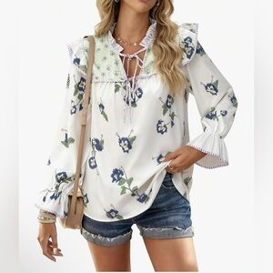 Floral White and Blue Women's Top